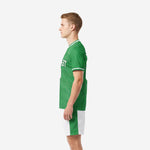 Mens green soccer uniforms right side view with full-dye sublimated Kelly Green jersey and contrast white shorts