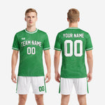 Back view of custom mens green soccer uniforms showing Kelly Green jersey with player name and number print zones
