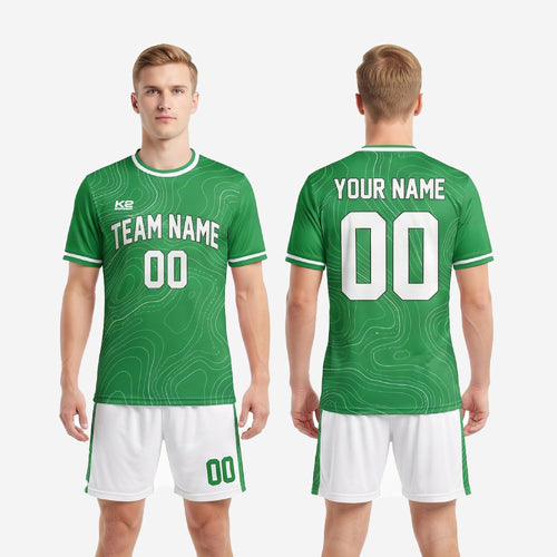 Back view of custom mens green soccer uniforms showing Kelly Green jersey with player name and number print zones