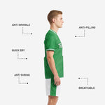 White soccer shorts with Kelly Green sublimated side panels and player number, part of custom green soccer uniform set