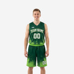 Men's lime green basketball uniforms showing hunter-green and lime splash full set front and back view with team name and number 00