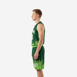 Front view of men's lime green basketball uniforms with arced team name across chest and front number 00 on hunter-green jersey