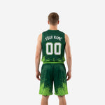 Side view of lime green basketball uniform set showing the upward lime splash pattern on jersey hem and shorts leg