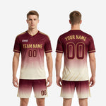 Back view of men's maroon gradient soccer team uniform set showing player number and full-dye sublimation fade from maroon to cream