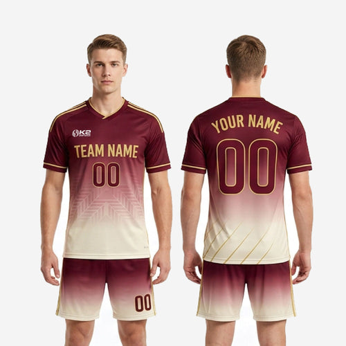 Back view of men's maroon gradient soccer team uniform set showing player number and full-dye sublimation fade from maroon to cream