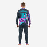 Close-up detail of teal stand collar on mens charcoal custom soccer tracksuit design showing full-dye sublimation color accuracy on floral print panel