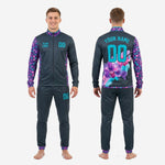 Mens custom soccer tracksuit design jacket-only option in charcoal with multicolor floral-splash sleeves and teal trim, worn over matching pants for sideline use