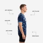 Custom mens navy blue soccer training jersey with white team name and number printed on chest, Ice Blue contrast collar and cuff trim