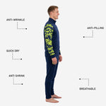 Navy blue soccer tracksuit pants detail with neon green player number printed on thigh via full-dye sublimation