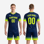 Full men's soccer team uniform set in Navy Blue and Neon Yellow gradient, complete two-piece custom sublimated kit