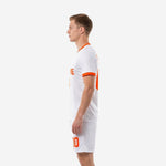 Complete custom men soccer outfit set in orange and white including jersey and shorts with full-dye sublimation player numbers