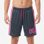 Mens pink soccer shorts with charcoal body and hot pink side panels, player number 00 on lower left leg, front view