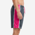 Mens pink soccer shorts showing full hot pink side panel with white contrast stripe, left side view