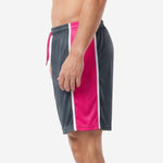 Custom charcoal mens soccer shorts with hot pink side panel and white stripe, right side view