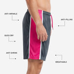 Elastic waistband with hot pink drawcord on custom mens pink and charcoal soccer shorts