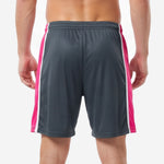 Detail of hot pink and white contrast stripe on custom mens soccer shorts charcoal colorblock design