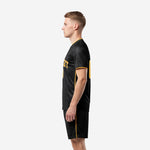 Right-side view of mens custom all black soccer kit with tonal vertical pinstripe jersey and Athletic Gold trim on shorts