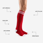 Mens over the calf red soccer socks full length view worn over shin guard position
