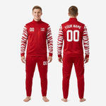 Mens custom red and white soccer tracksuit tiger stripe design, back view showing player name and number print zones