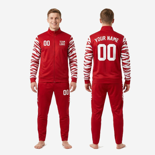 Mens custom red and white soccer tracksuit tiger stripe design, back view showing player name and number print zones