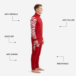 Red soccer tracksuit tapered pants detail with white tiger-stripe outer thigh panel and player number print