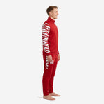 Mens red soccer tracksuit tiger stripe print, left side view showing sleeve sublimation pattern and tapered pant leg