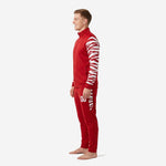 Mens red soccer tracksuit tiger stripe custom kit, right side view showing stand collar and elastic waistband pants
