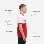 Custom red and white soccer jersey back view showing player name above back number in full-dye sublimation print