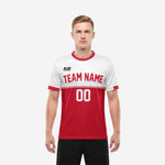 Mens red and white soccer jersey team with custom team name and number on the chest, front view on male model