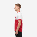 Mens red and white soccer jersey team custom kit right side view showing sublimated colorblock design and crew neckline trim