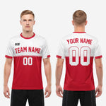 Full body view of mens red and white sublimated soccer jersey with athletic cut and short sleeve design