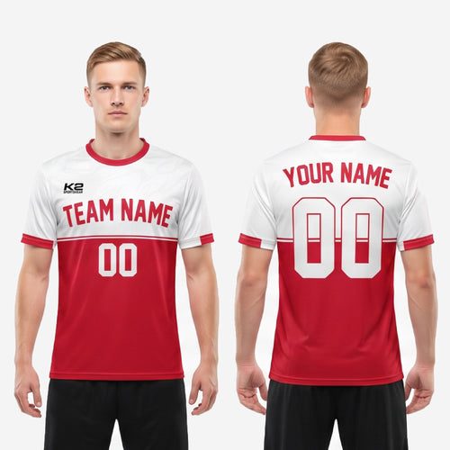 Full body view of mens red and white sublimated soccer jersey with athletic cut and short sleeve design