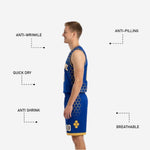 Back view of mens reversible basketball uniforms in royal blue showing back name and number print zones on the jersey