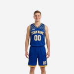 Mens reversible basketball uniforms in royal blue and gold honeycomb pattern showing both sides of the full 2-piece set front and back