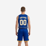Side view of the royal blue mens reversible basketball uniform showing bound armhole and honeycomb side panel detail