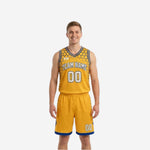 Front view of mens reversible basketball uniforms gold side with blue honeycomb panels team name and number 00 on matching shorts