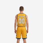 Side view of the gold reverse side mens reversible basketball uniform showing blue honeycomb trim and contrast hem on shorts