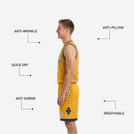 Close-up of the sublimated honeycomb geometric pattern on the blue and gold reversible basketball jersey side panel