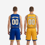 Size and spec sheet for mens reversible basketball uniforms in royal blue and gold honeycomb two-piece set