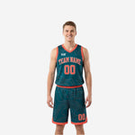Mens reversible basketball uniforms in teal with coral-orange trim and contour-line pattern shown front and back as a full 2-piece set