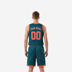 Side view of teal reversible basketball jersey showing armhole binding and contour-line sublimated pattern on matching shorts