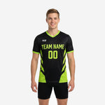 Custom mens soccer practice jersey in black and neon green with team name and number on chest