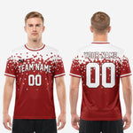 Custom men's soccer team jerseys in dark red and white pixel-burst design, full kit view for club and school squads