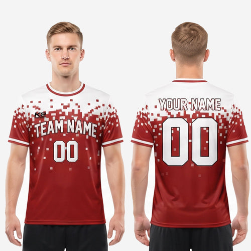 Custom men's soccer team jerseys in dark red and white pixel-burst design, full kit view for club and school squads