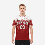 Men's soccer team jerseys in dark red and white pixel-burst sublimation print, front view with team name and number