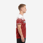 Custom men's soccer team jerseys dark red and white gradient pixel design, left side view showing sleeve cuff trim