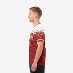 Sublimated men's soccer team jerseys in dark red with white pixel fragments, right side view showing back name print