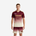 Men's soccer team uniforms in maroon and cream gradient with gold accents and player number 00 on chest, full kit front view