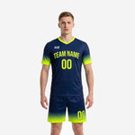 Men's soccer team uniforms in Navy Blue and Neon Yellow gradient, front view of full two-piece custom kit with team name and number