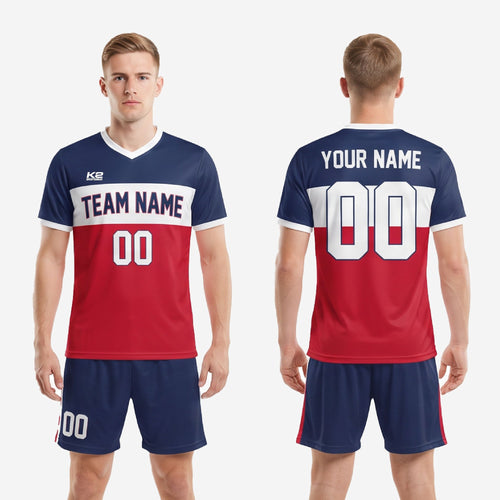 Navy Blue soccer shorts with Red and White side stripe, part of the custom men's soccer team uniform set by K2 Sportswear